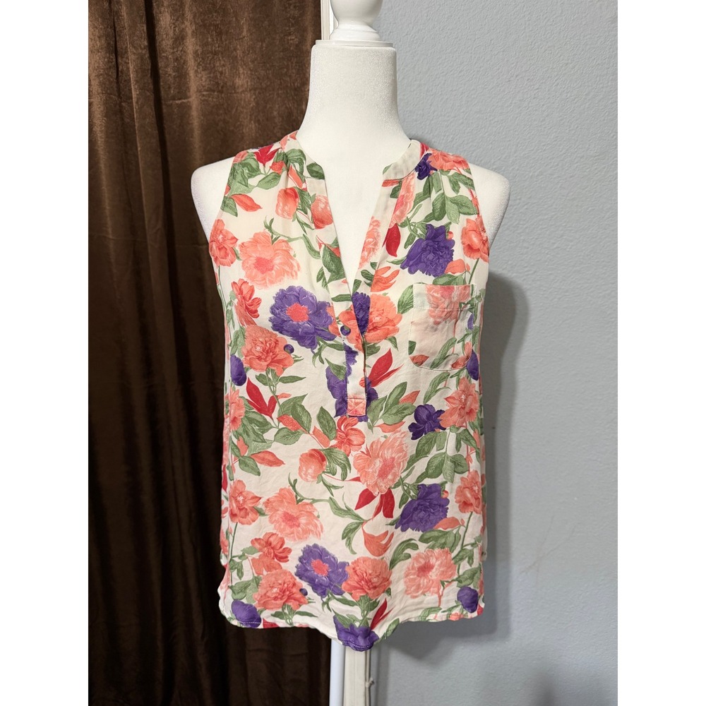 Joie Womens XS 100% Silk Top Floral Sleeveless Split Neck Blouse Top Ivory